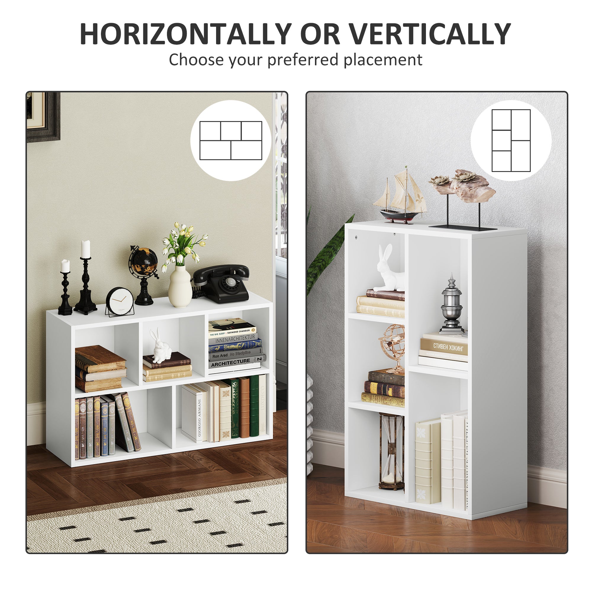 HOMCOM 2-Tier Bookshelf with 5 Compartments - White